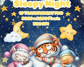 Watercolor Clipart: Sleeping Animals PNG for Nursery Decor (Digital Download)