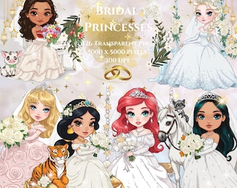 Chibi Clipart Bridal Princesses Bundle-Beautiful-Nursery Clipart for kids-Watercolor-Transparent PNG-Cute-Baby Girl Room Wedding Bride-