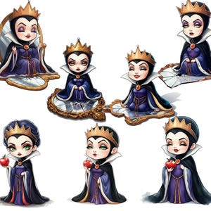 May include: A set of six collectible figurines of the Evil Queen from Snow White. The figurines are in various poses, including sitting on a broken mirror, holding a poisoned apple, and sitting on a throne. The figurines are all wearing a purple and black dress with a gold crown.