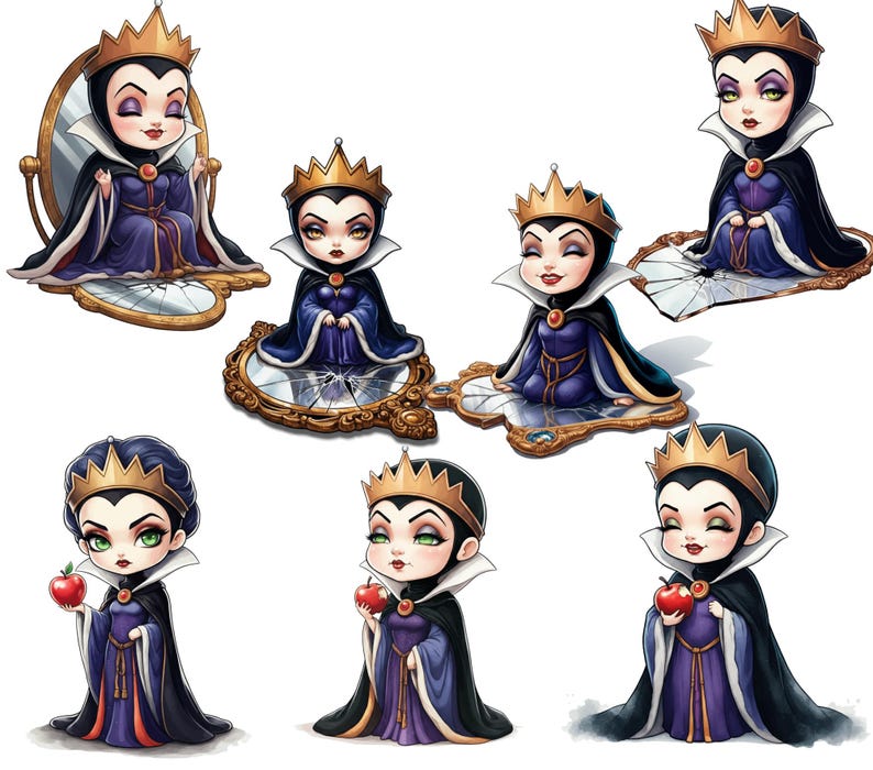 May include: A set of six collectible figurines of the Evil Queen from Snow White. The figurines are in various poses, including sitting on a broken mirror, holding a poisoned apple, and sitting on a throne. The figurines are all wearing a purple and black dress with a gold crown.