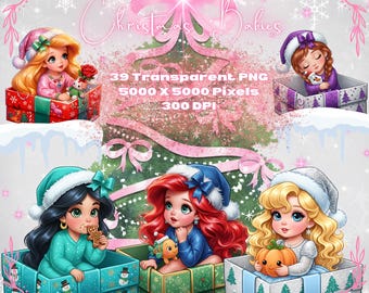 Christmas Chibi Baby Clipart-Princesses Bundle-Beautiful-Nursery Clipart for kids-Watercolour-Transparent PNG-Cute-Baby Girl Room-HolidayJoy