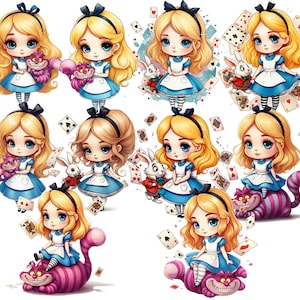 May include: A digital illustration of ten Alice in Wonderland characters. The characters are all girls with blonde hair and blue eyes. They are wearing blue and white dresses and are holding various items, including a white rabbit, a Cheshire cat, and playing cards. The background is white.