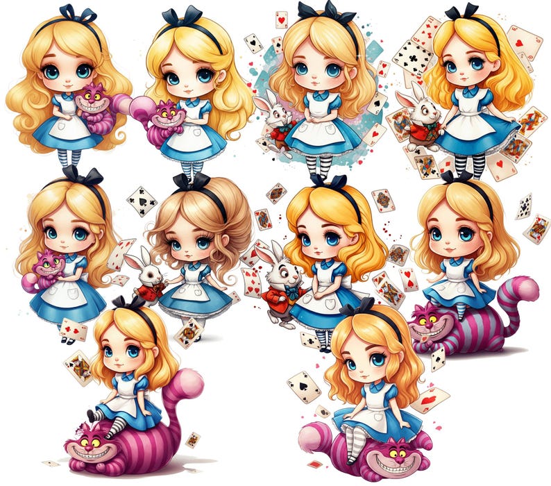 May include: A digital illustration of ten Alice in Wonderland characters. The characters are all girls with blonde hair and blue eyes. They are wearing blue and white dresses and are holding various items, including a white rabbit, a Cheshire cat, and playing cards. The background is white.