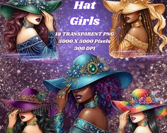 Watercolour Clipart-Mysterious-Fashion-Girl-Hat-PNG-300DPI-Beautiful-Mexican-Hawaii-Witch-Coloful-Black-Afro-Digital Art-Gemstones-Flowers