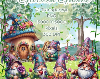 Watercolor Garden Gnome Clipart, Transparent PNG (Digital Download)