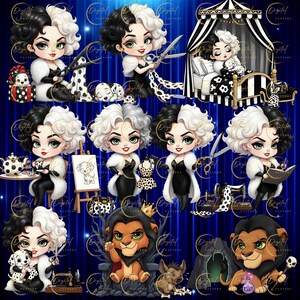 以下が含まれることがあります： 黒と白の髪のキャラクターが、黒いドレスと白い毛皮のコートを着たイラストが複数掲載されたデジタルアートプリント。イラストには、ハサミを持ったキャラクター、ダルメシアン、ミシンが含まれています。背景は青色です。