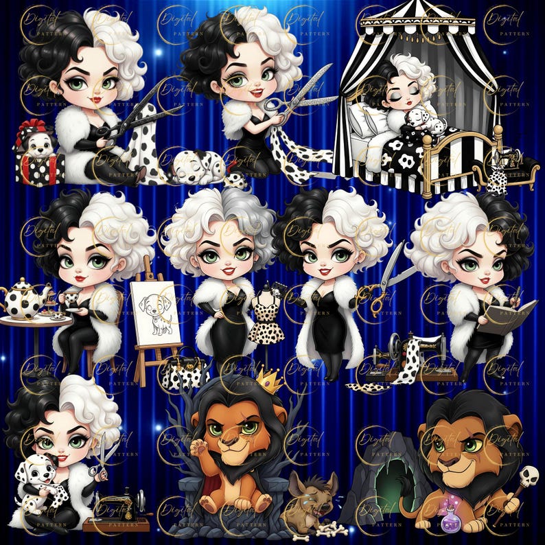 以下が含まれることがあります： 黒と白の髪のキャラクターが、黒いドレスと白い毛皮のコートを着たイラストが複数掲載されたデジタルアートプリント。イラストには、ハサミを持ったキャラクター、ダルメシアン、ミシンが含まれています。背景は青色です。