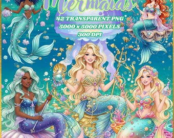 Watercolour Clipart Mermaids-Beautiful-Sea-Underwter-Girly-Journal-Art-Transparent PNG-300DPI-Nursery-Play-Colorful-Glitter-Sparkle-Summer