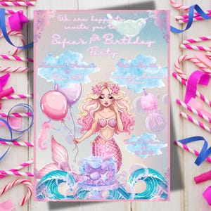 Invitación de cumpleaños de sirena en acuarela - Editable en Canva - Imprimible - Infantil - Aniversario - Bautizo - Tarjeta - Fiesta - Bonita - Arte digital - Plantilla de cumpleaños - Femenina