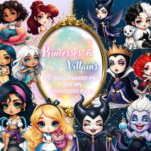 Watercolor Chibi Clipart Princesses Bundle-Villains-Part Three-Nursery Clipart for kids-Transparent PNG-Cute-Baby Girl Room image 1
