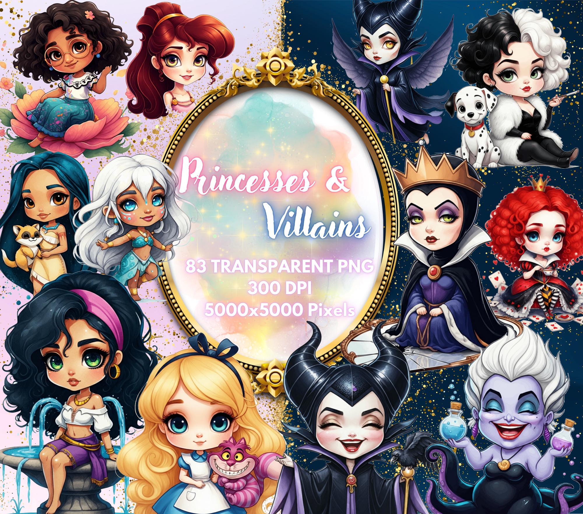 Paquete de clipart Acuarela Chibi Princesas y Villanos Parte 3 – Set PNG tierno para guardería y habitación de niña