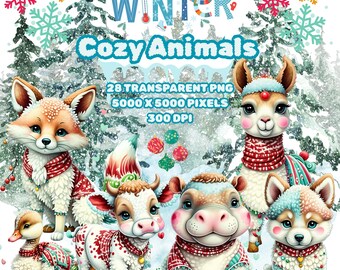 Watercolour Clipart Cozy Winter Animals-PNG-300DPI-Chibi-Kids-Nursery-Holiday-Christmas-Babies-Cute-Baby room-HQ-Image-Art-Digital-New-Sale