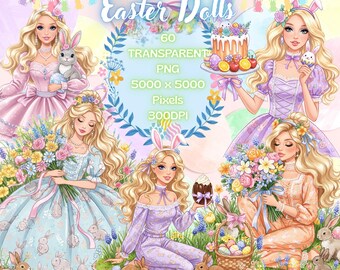 Watercolour Easter Dolls Clipart-Spring Girl-Blonde-Transparent PNG-Bunny-Nursery-Kids-Beautiful-Cute-Pastel-Girly-Cute-Stickers-Journal