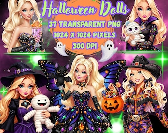Watercolour Halloween Dolls Clipart-Nursery Clipart for kids-Spooky-Costume-Holiday-Transparent PNG-300 DPI-Girly-Party-Nursery-Pumpkin