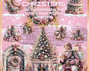 Watercolour 3D Christmas Pink Clipart-Transparent PNG-300DPI-HQ-Holiday-Girly-Sparkle-Joy-Digital-Stickers-Topper-Journal-Glitter-Bells-Tree