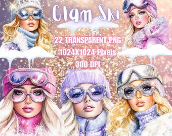 Watercolour-Clipart-Winter Girls-Fashion-Ski-Glam-Holiday Fashion-Illustrations-PNG-Beautiful-Graphics-Makeup-Cold Season-300 DPI-Female