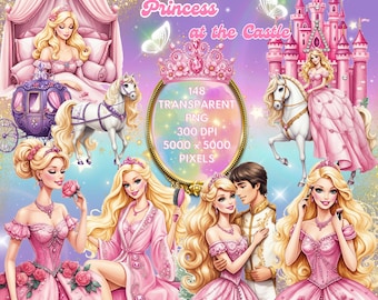 Watercolour Princess At Castle Clipart-Nursery Clipart for kids-Commercial Use-Gown-Transparent PNG-300 DPI-Beautiful-Pink-Girly-Party
