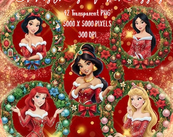 Watercolour Christmas Clipart Princesses Bundle-Beautiful-Nursery Clipart for kids-Transparent PNG-Cute-Baby Girl Room-Garland-Holiday-Santa