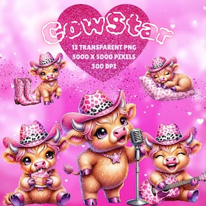 May include: A digital graphic featuring several cartoon cows wearing pink cowboy hats with black and white spots. The cows are in various poses, including singing into a microphone, playing a guitar, and eating cake. The background is pink with a heart-shaped glitter design that says "Cowstar".