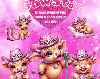 Watercolour Clipart Chibi Pink Cow-Showtime-Singer-Cowboy-Transparent PNG-300DPI-Girly-Nursery-Glitter-Cute-Kids-Disco-Animals-Fluffy