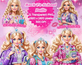 Watercolour Back To School Glam Dolls Clipart-Nursery Clipart for kids-Commercial Use-Transparent PNG-300 DPI-Pink-Girly-Party-Nursery