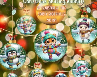 Watercolour Chibi Christmas Animals Skating Clipart-Transparent PNG-Holiday-Joy-Winter-Snow-Kids Friendly-Journal-Stickers-Nursery-Digital