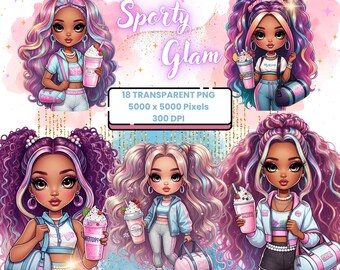 Watercolour Clipart Sporty Glam Chibi-Rainbow-Transparent PNG-Commercial Use-Nursery-Girly-Fashion-Cute-Kids Friendly-Party-Gift-Digital