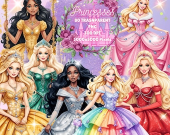 Watercolour Princesses Dolls Clipart-Nursery Clipart for kids-Commercial Use-Transparent PNG-300 DPI-Rainbow-Pink-Girly-Party-Dresses
