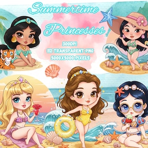 Princesas Chibi de acuarela - Clipart - PNG transparente - Para niños - Playa - Guardería - Habitación de niña - Muñecas bonitas - Juguetes