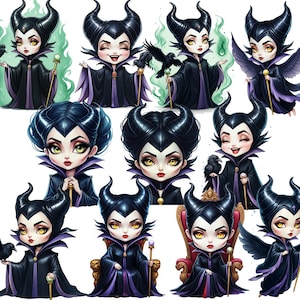 May include: A collection of nine digital illustrations of Maleficent from Disney's Sleeping Beauty. The illustrations feature Maleficent in various poses and expressions, including her iconic horned headdress and purple gown.