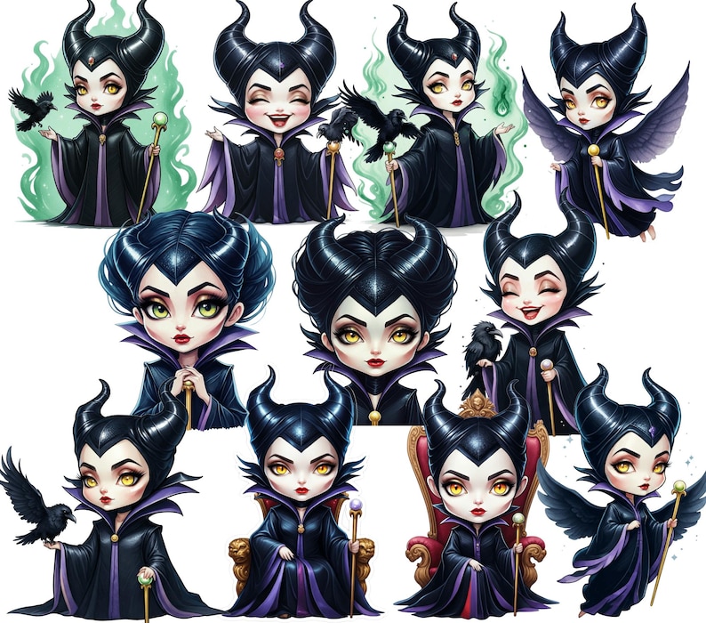 May include: A collection of nine digital illustrations of Maleficent from Disney's Sleeping Beauty. The illustrations feature Maleficent in various poses and expressions, including her iconic horned headdress and purple gown.