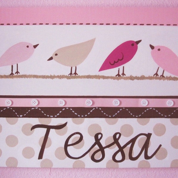 Penelope Bird Wall Art for Girls Nursery Kids Room 12x16 Pink Brown Polka Dots Personalized