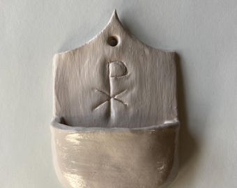 handmade air dry clay holy water font / religious catholic Christian cross / wall hanging decoration art craft ceramic
