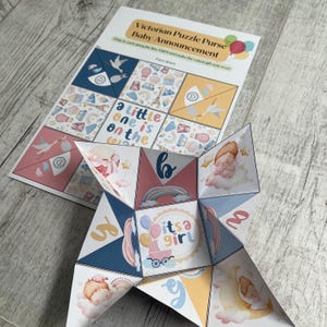 Bolsa quebra-cabeça vitoriana It’s a Girl | Anúncio digital de bebê | Revelação de gravidez para impressão | Nota de revelação de gênero faça você mesmo