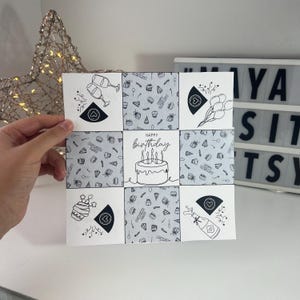 Bolsa quebra-cabeça vitoriana preta e branca | Presente de aniversário para impressão | Artesanato em papel faça você mesmo | Cartão de presente exclusivo | Cartão de nota de bolsa quebra-cabeça de aniversário exclusivo