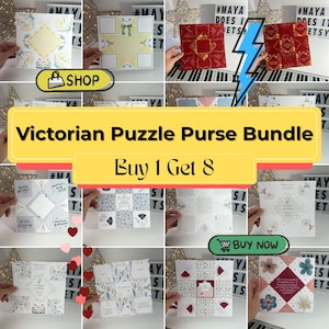 Puede incluir: Un collage de Victorian Puzzle Purses, cada uno con diseños y colores únicos. Los monederos presentan patrones florales, formas geométricas y elementos decorativos. El texto en la imagen dice "Victorian Puzzle Purse Bundle" y "Buy 1 Get 8".