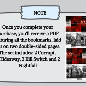 May include: Image features a set of bookmarks with a dark, gothic theme. The text on the image reads "NOTE" and describes the set, which includes 2 each of "Corrupt", "Hideaway", "Kill Switch", and "Nightfall". The bookmarks are displayed on a light gray background.