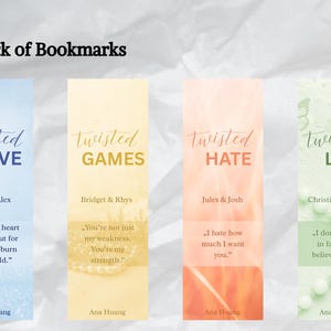 May include: Set of four bookmarks with the titles "Twisted Love", "Twisted Games", "Twisted Hate", and "Twisted Lies". Each bookmark features a quote and the author's name, Ana Huang. The background colors vary.