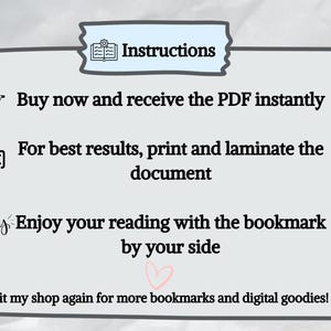 May include: A white rectangular graphic with the word "Instructions" at the top. The text includes instructions to buy, print, and laminate a document, and to enjoy reading with a bookmark. A heart graphic is also included.