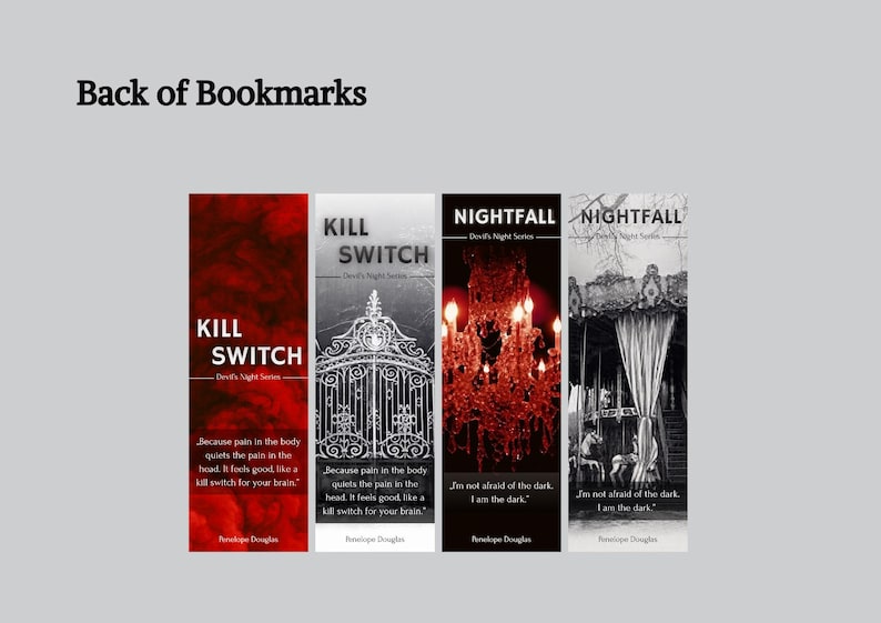 May include: Four bookmarks with text and images. The first two say "KILL SWITCH" with a quote. The third and fourth say "NIGHTFALL" with a quote. The bookmarks are red, black, and white.