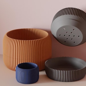 Planter Pot, Ribbed Wood Finish, 3D Printed, Modern Indoor Plant Container