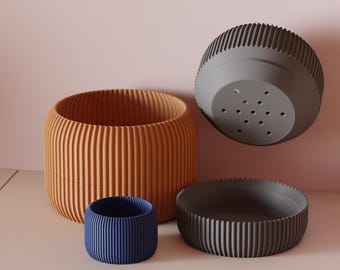 Planter Pot, Ribbed Wood Finish, 3D Printed, Modern Indoor Plant Container