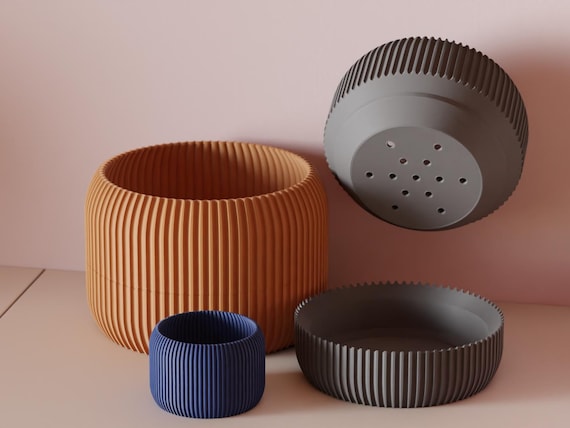 Ribbed Wood Finish Planter - Modern Minimalist 3D Printed