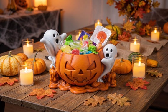 Pumpkin and Ghosts Candy Bowl, 3D Printed Halloween Candy Bowl, Spooky Trick or Treat Decor, Cute Ghost Pumpkin Bowl, Halloween Party Table