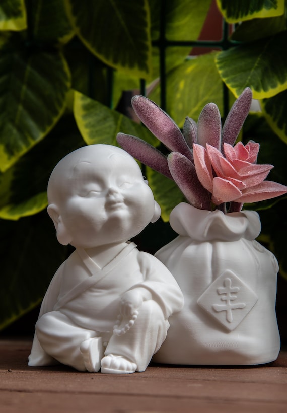 Buddha Statue, 3D Printed Feng Shui Decor, Monk with Wealth Bag, Home Altar Piece