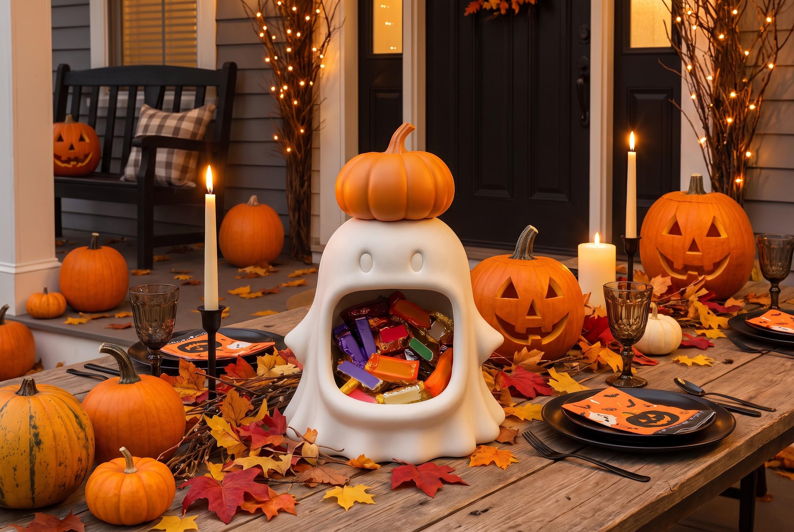 Pumpkin Hat Ghost Candy Bowl, Cute Halloween Decor, Ghost Treat Bowl, Boo Basket Gift, Fall Table Centerpiece