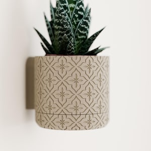 May include: A wall-mounted cylindrical planter in a light beige colour featuring a repeating embossed geometric floral pattern. A dark green succulent plant with white speckled markings is potted inside the container, which is attached to a flat surface.