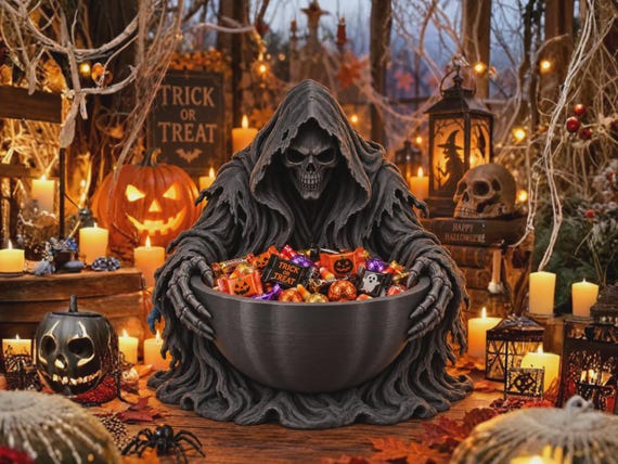 Grim Reaper Candy Bowl, 3D Printed Halloween Candy Bowl, Spooky Trick or Treat Decor, Cute Ghost Pumpkin Bowl, Halloween Party Table Decor