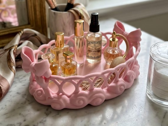 Bow Accent Vanity Tray, Makeup Organizer Tray, Aesthetic Bathroom Storage, Modern Home Decor, Unique Gift