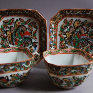 2x Sets of square-shaped Canton Porcelain Tea Cup and Saucer with Hundred Butterflies’ Pattern from 19th Century Qing dynasty 晚清广彩百蝶纹四方杯碟2套